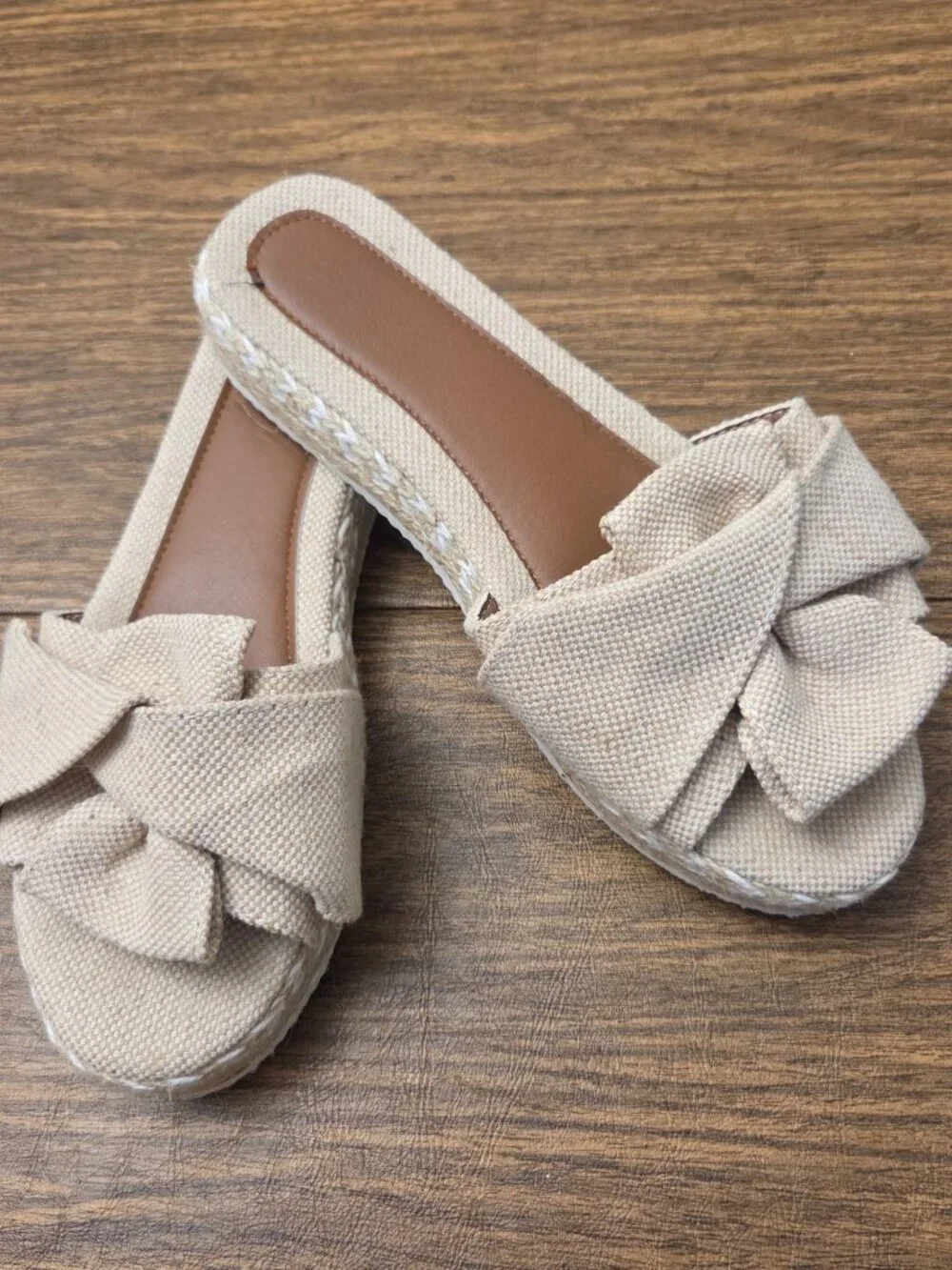 Women's Beige Fabric Bow Platform Espadrille Open Toe Slide - Sz 7.5M